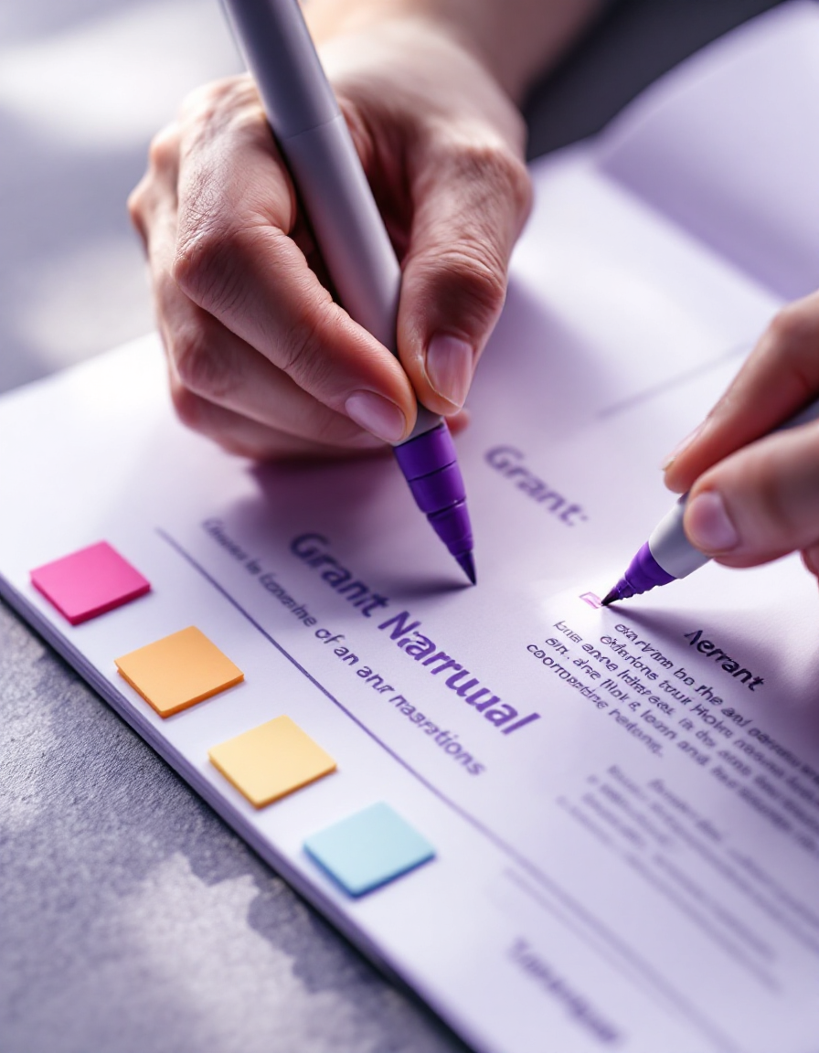 Hands marking up a printed grant narrative with color-coded tabs