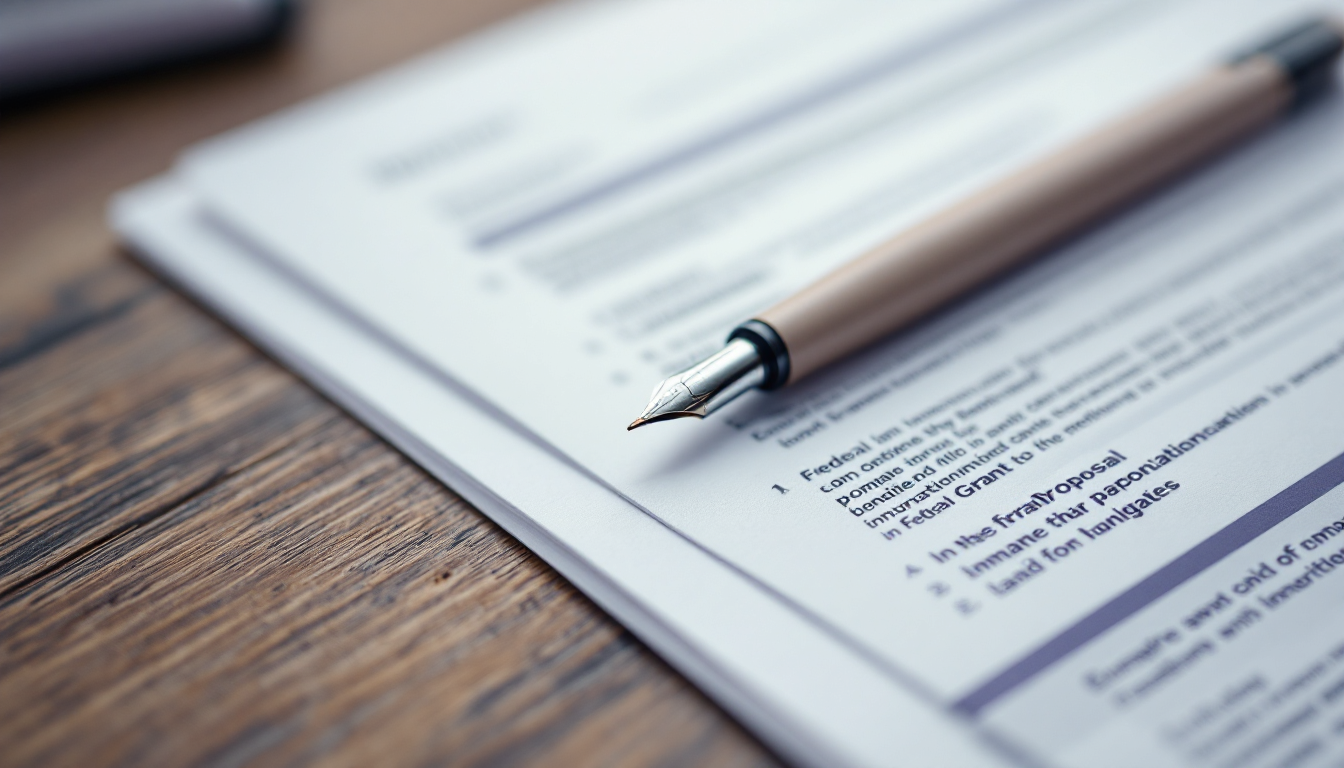 Macro detail of a grant proposal and budget pages with a pen resting on top